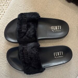 Puma Fenty Black Plush Slide Slippers
